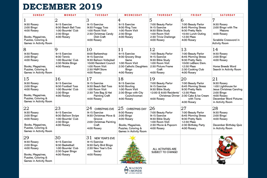 December Activity Calendar