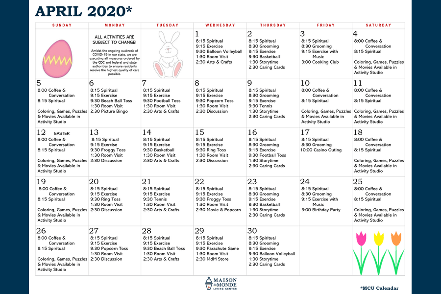 April MCU Activity Calendar
