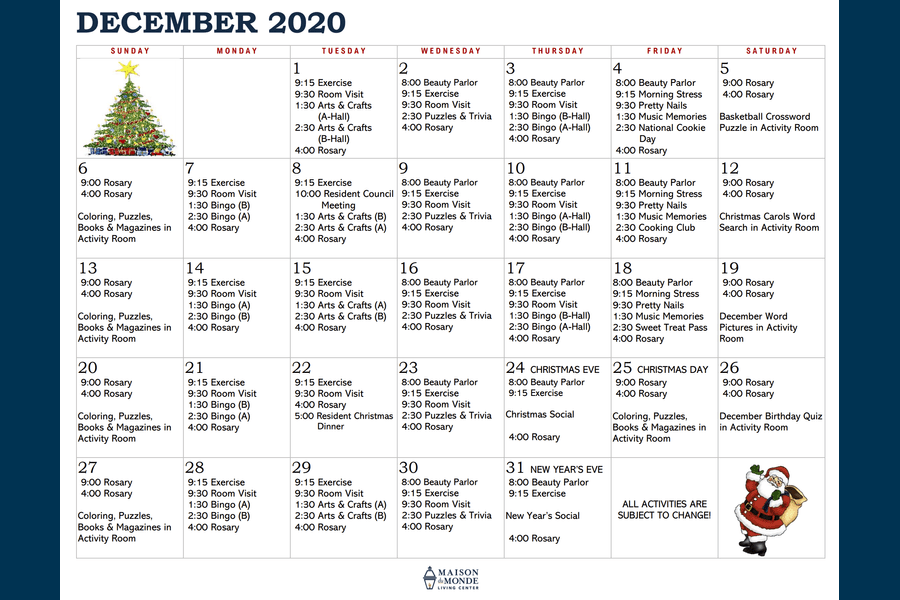 December Activity Calendar