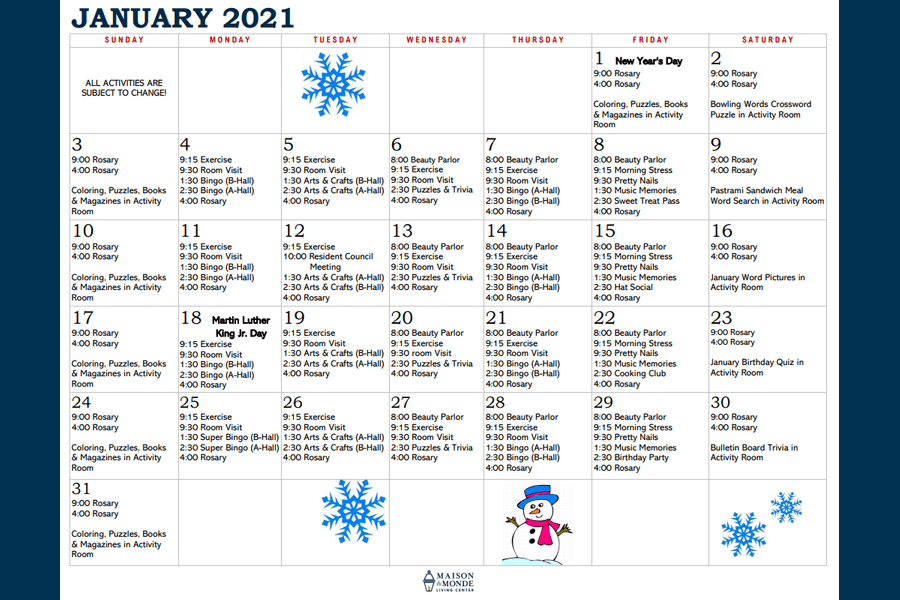 January Activity Calendar
