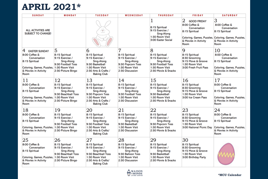 April MCU Activity Calendar