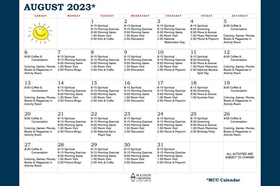 August MCU Activity Calendar