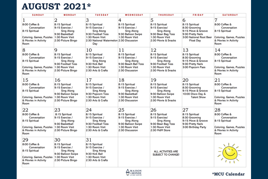 August MCU Activity Calendar