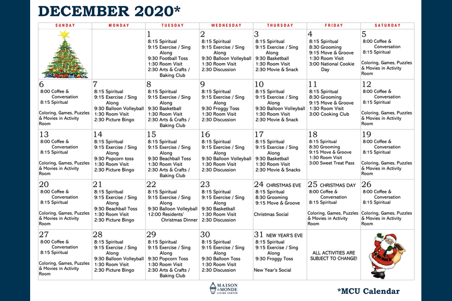 December MCU Activity Calendar