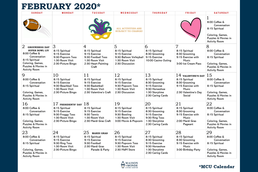 February MCU Activity Calendar