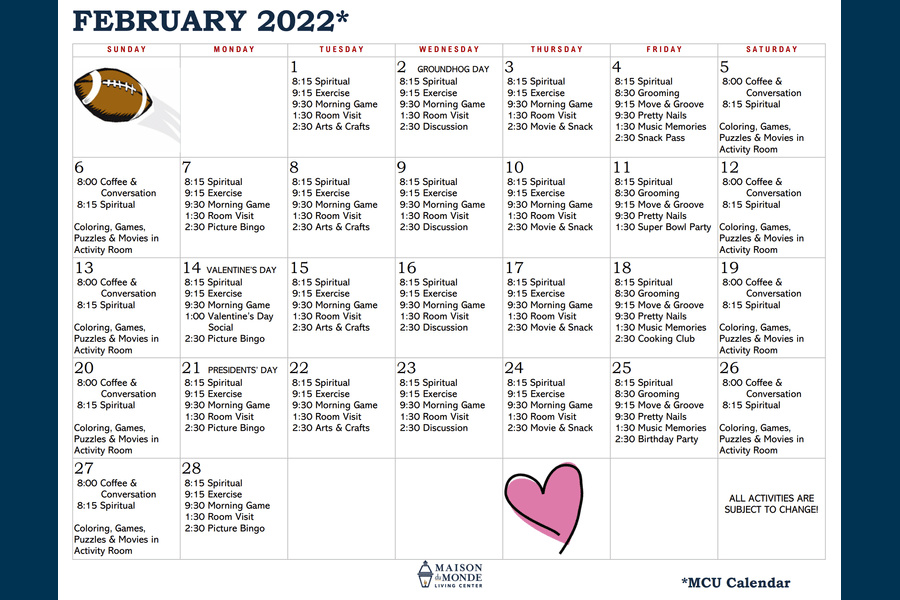 February MCU Activity Calendar