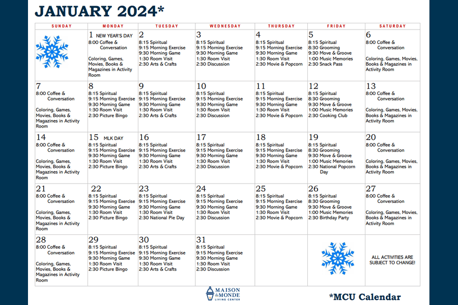 January MCU Activity Calendar