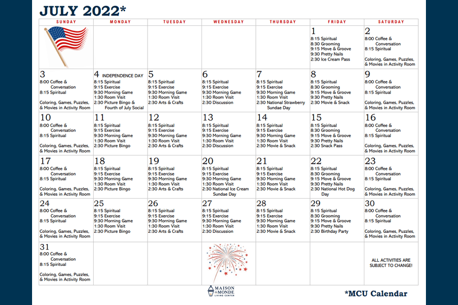 July MCU Activity Calendar