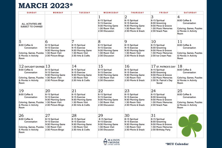 March MCU Activity Calendar