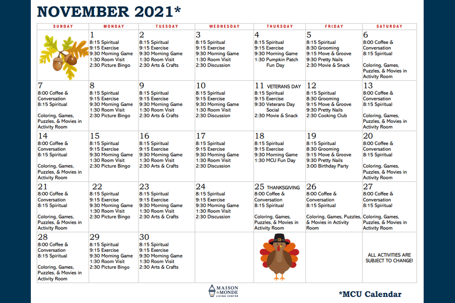 November MCU Activity Calendar