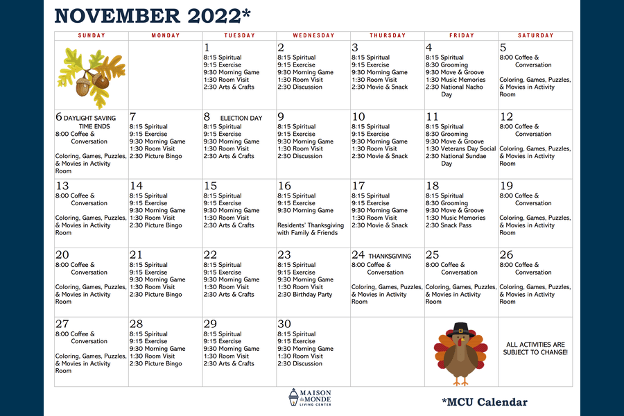 November MCU Activity Calendar