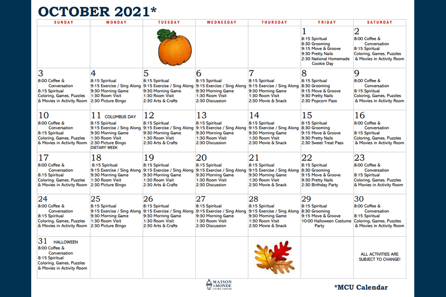 October MCU Activity Calendar