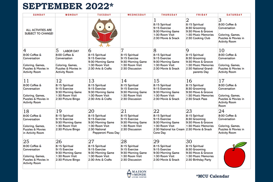September MCU Activity Calendar