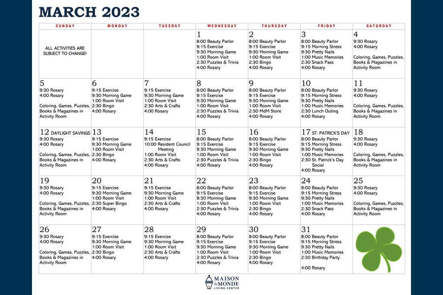 March Activity Calendar