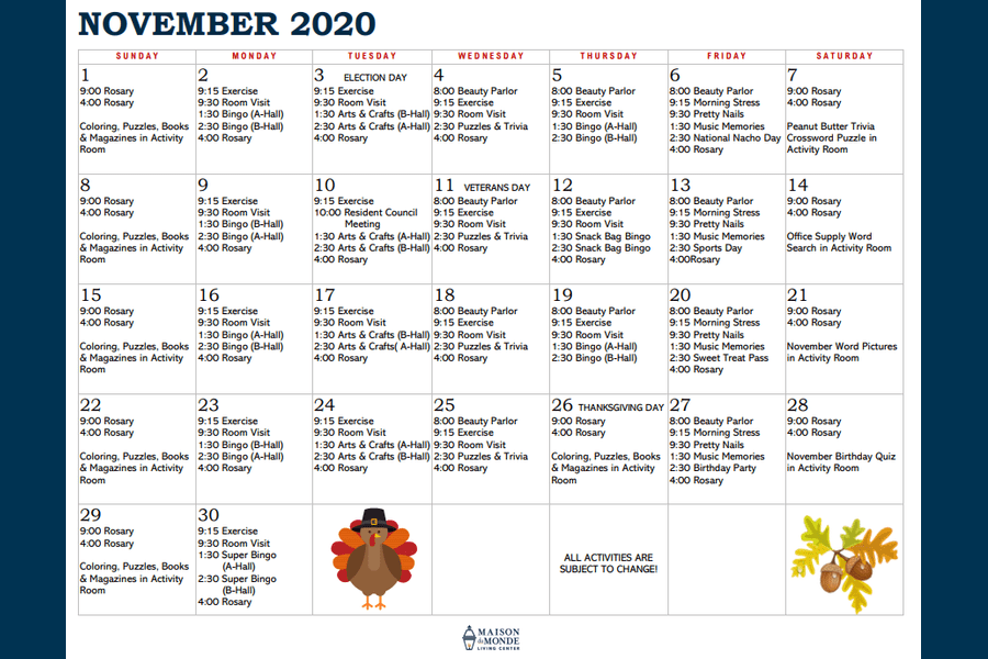November Activity Calendar
