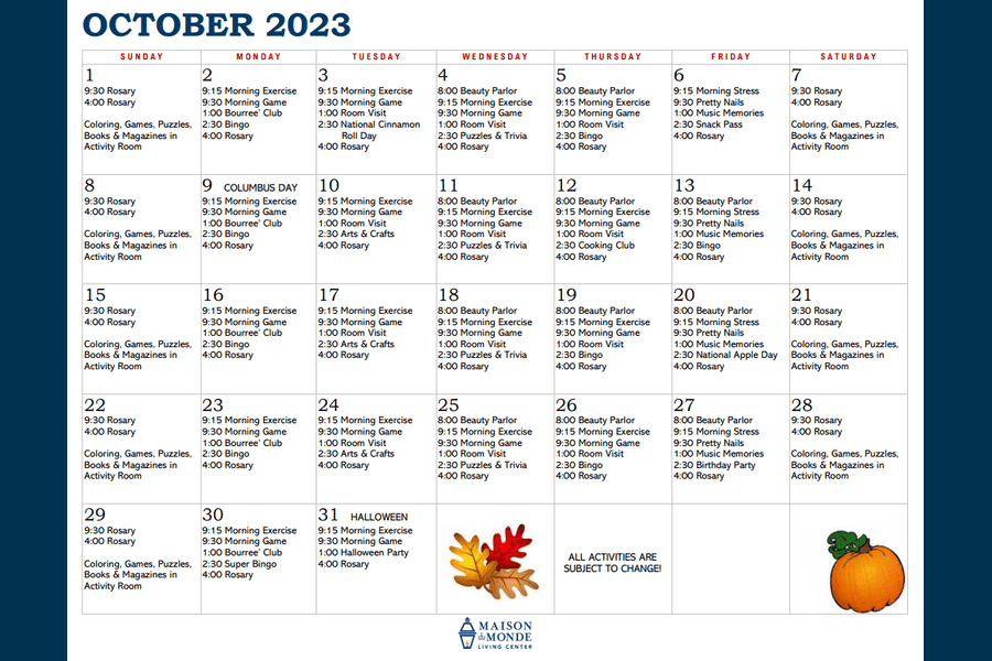October Activity Calendar