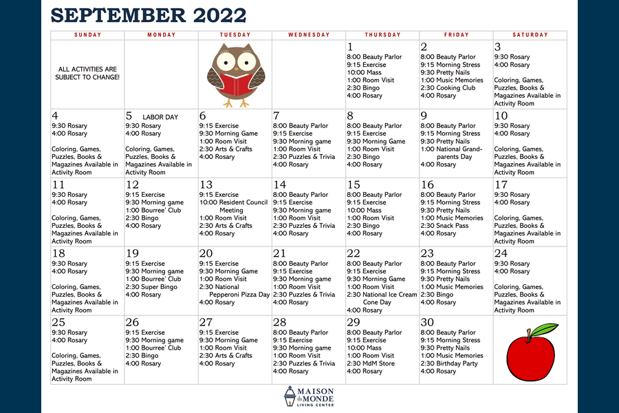 September Activity Calendar