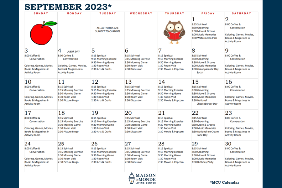 September MCU Activity Calendar