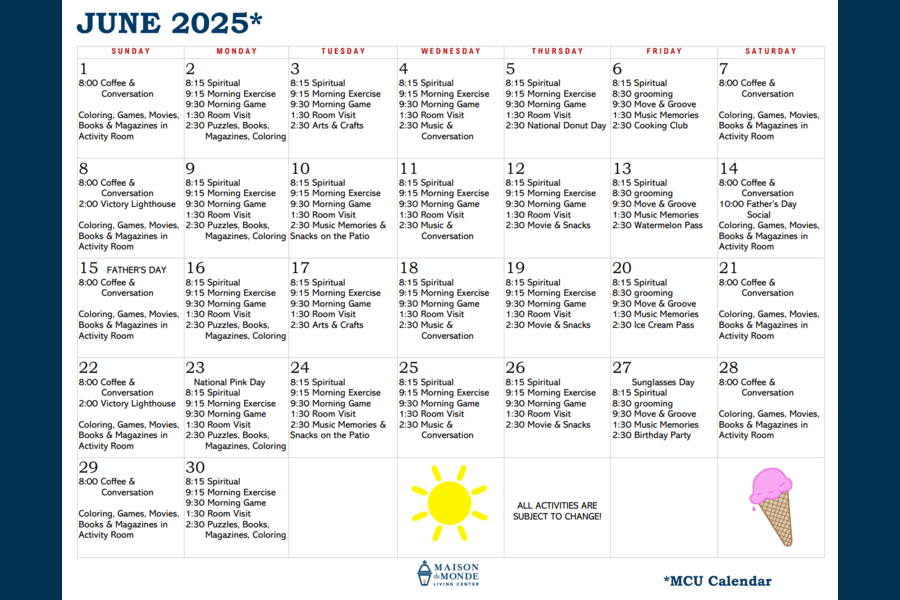 June MCU Activity Calendar