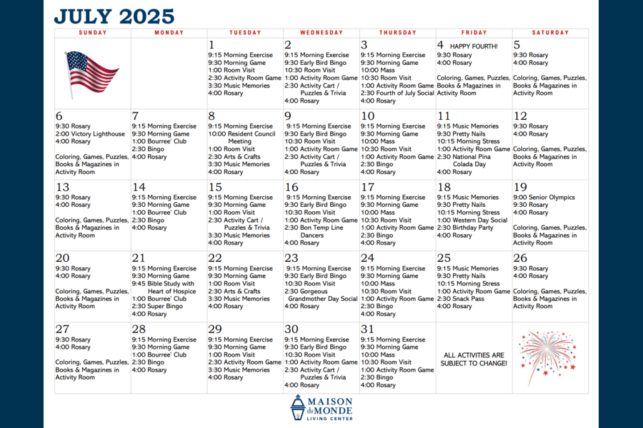 July Activity Calendar