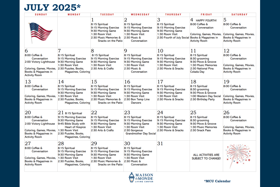 July MCU Activity Calendar