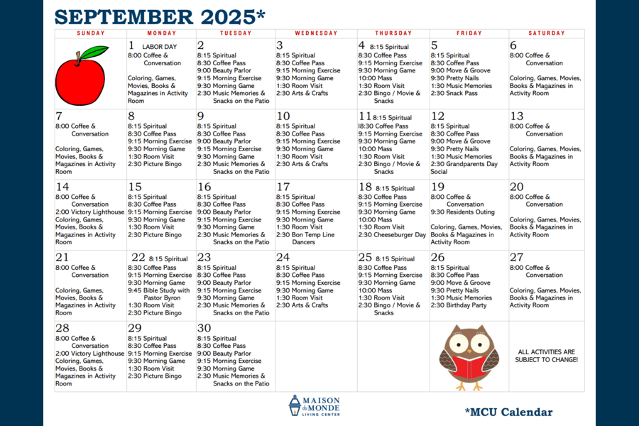 September MCU Activity Calendar