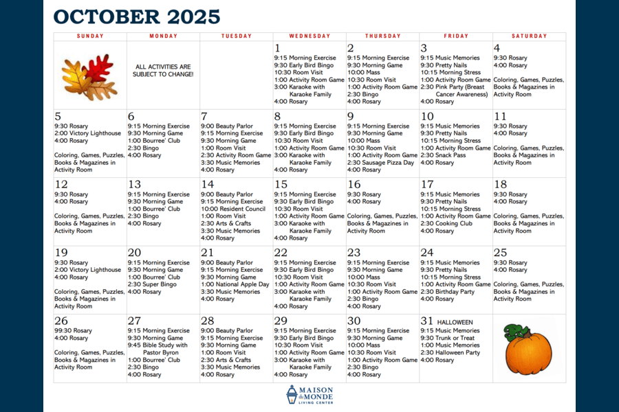 October Activity Calendar