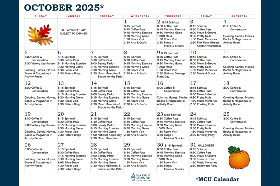 October MCU Activity Calendar