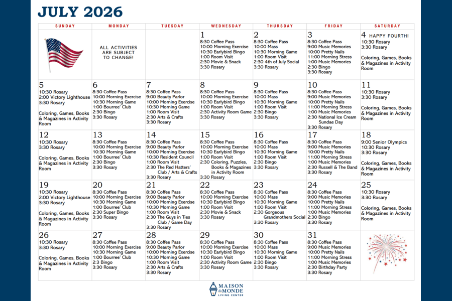 July Activity Calendar