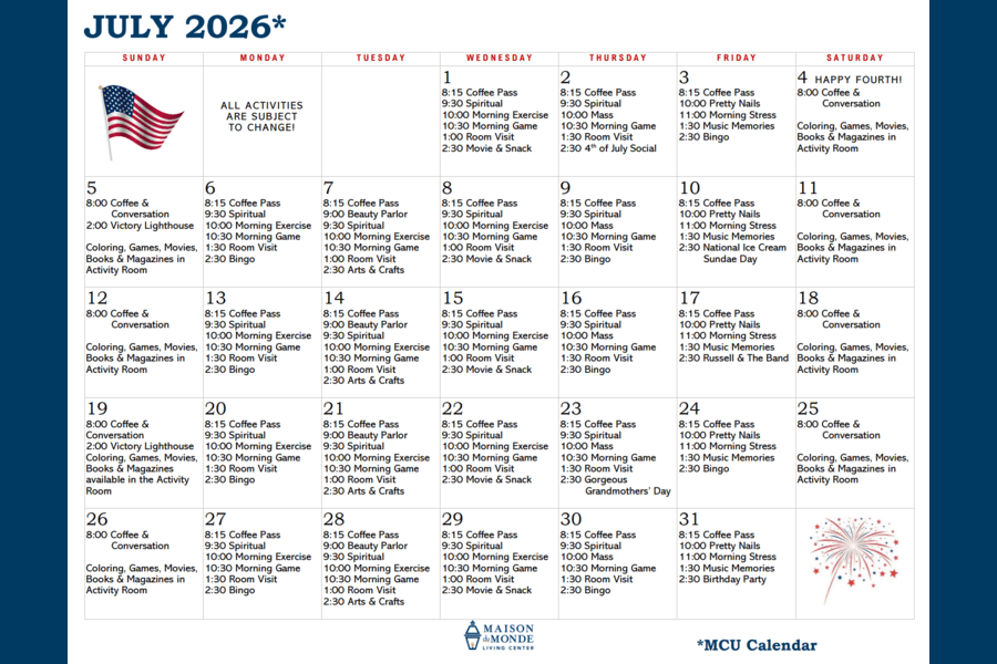 July MCU Activity Calendar