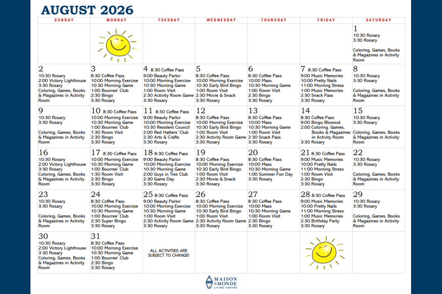 August Activity Calendar