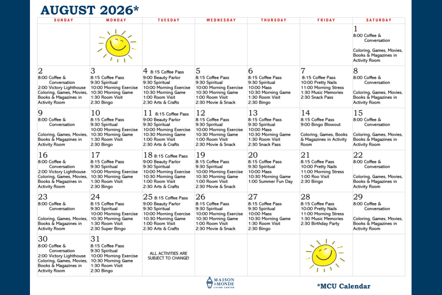 August MCU Activity Calendar