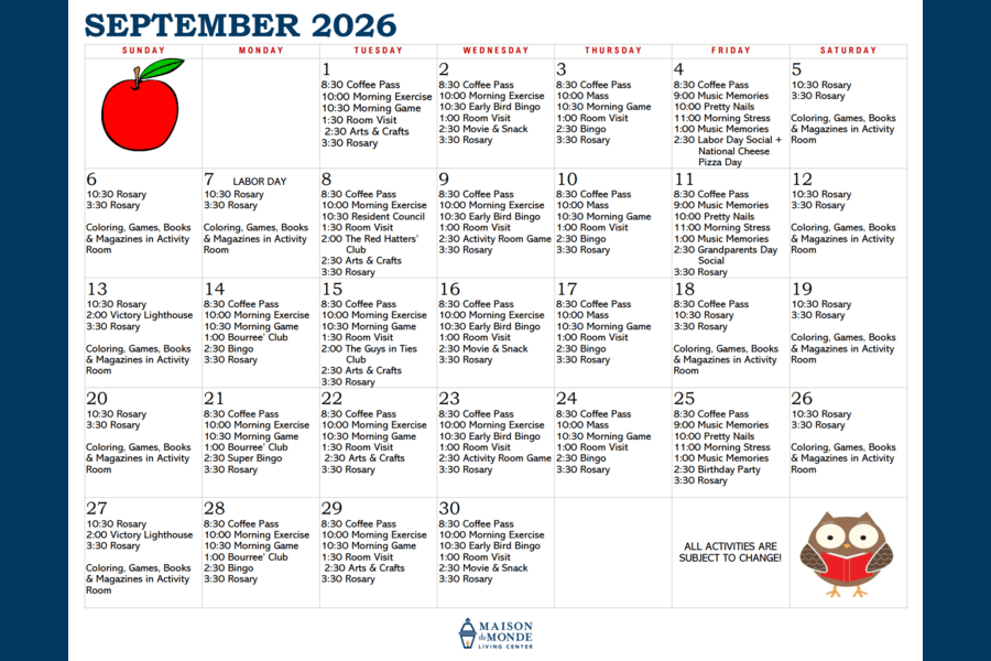 September Activity Calendar
