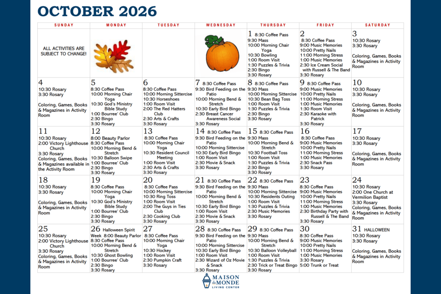 October Activity Calendar