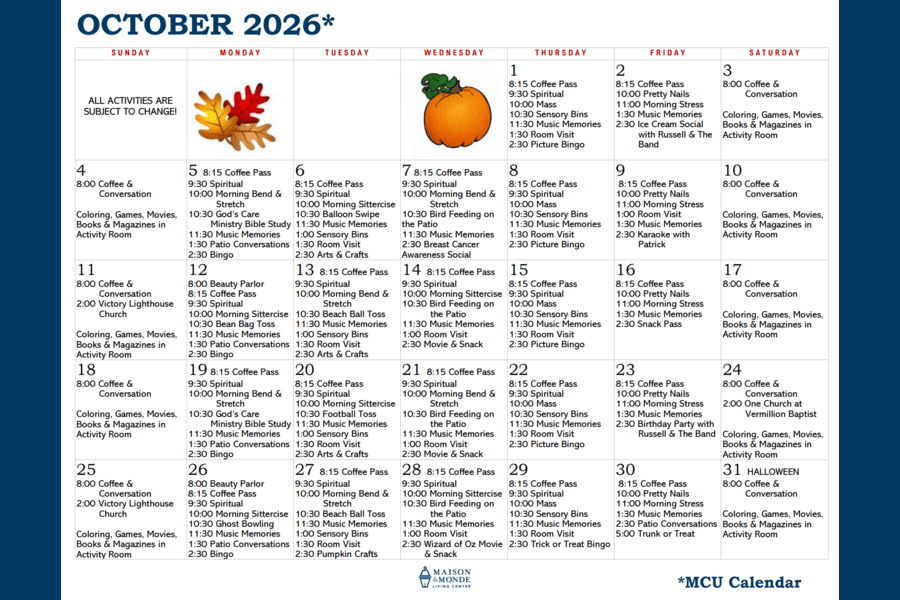 October MCU Activity Calendar