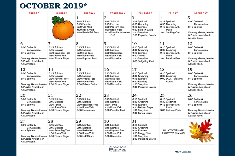 October MCU Activity Calendar